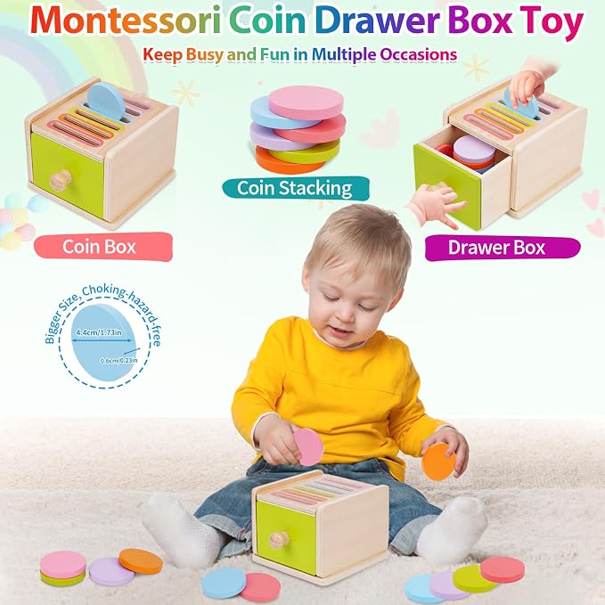 FCSONU Toddlers Montessori Coin Box Toys for 1 2 3 Year Old Boys Girls Baby | Wooden Baby Toys|Fine Motor Skills Toys, Kids Learning Color Sorting & Stacking Sensory Toys, Easter Christmas Birthday Gifts