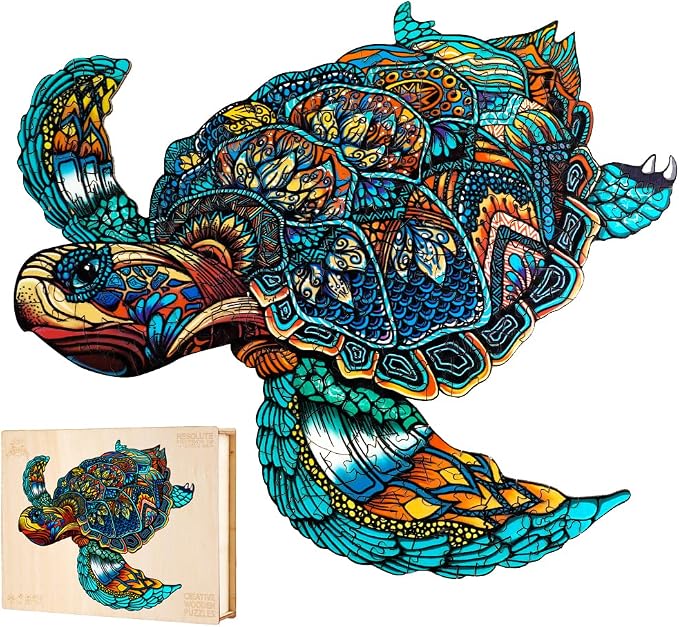 Jigfoxy Wooden Puzzles for Adults, Sea Turtle Wooden Jigsaw Puzzles for Adults Kids, Unique Animal Shape Wood Cut Puzzles, Christmas Thanksgiving Gifts for Family Turtle Lover (S-9.1 * 7.7in-100pcs)