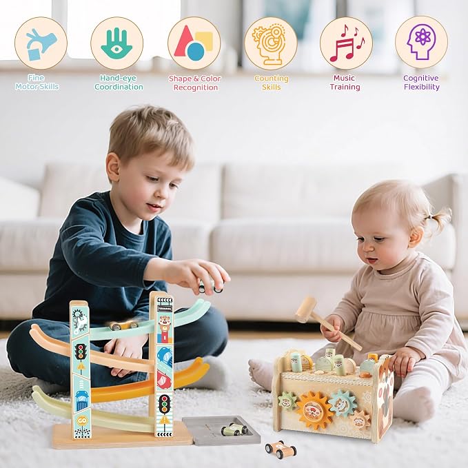 Montessori Wooden Toys for Toddler, Pounding Hammer, Car Ramp, Shape Sorter | Xylophone, magnetic fishing game, rotating gears, fine motor play, hand-eye coordination, birthday gifts for boys and girls