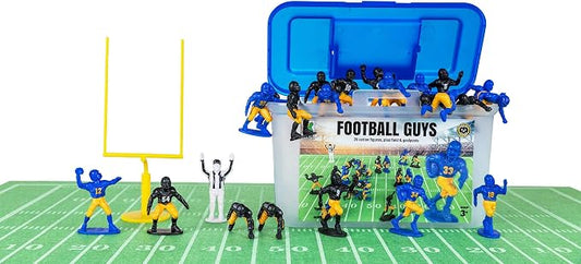 Kaskey Kids Football Guys, Blue Yellow vs. Black Gold 30 Pieces in Each Set, Includes 2 Teams, Accessories, and Travel Storage Case, Nostalgic Sports Action Figures for Imaginative Play