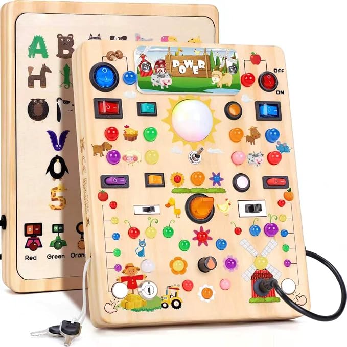 HarVow Busy Board with LED Light Switches, Montessori Toys for 1 2 3 Years Old, Toddlers Wooden Toy Sensory Activity Board, Travel Toys for 1+ Year Old Boy & Girl Birthday Gift (Farm 19 Switches)