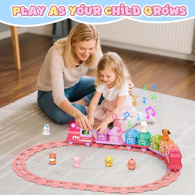 Electric Train Set for Toddlers 2-4 with Farm Animals, Music & Lights, Pink | Montessori Counting & Sorting Train Toy, 37 Pieces with 8 Farm Animal Finger Puppets and Numbered Barns for Toddler Girls