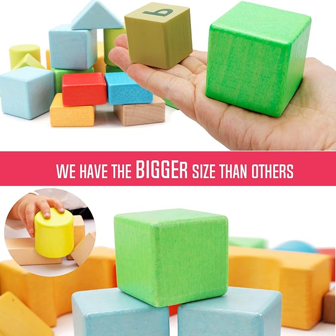 Migargle Large Wooden Building Blocks Set - Educational Preschool Stacking Toys with Storage Bag, Toddler Gifts for Boys Girls Ages 3+