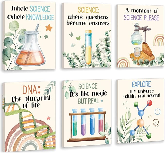 HOURIA Boho Science Canvas Wall Art,Colorful Chemistry Physics Decor | Set of 6 (8”x10” Framed) Science Bulletin Board Sets Wall Decor for Classroom,Middle School,Lab