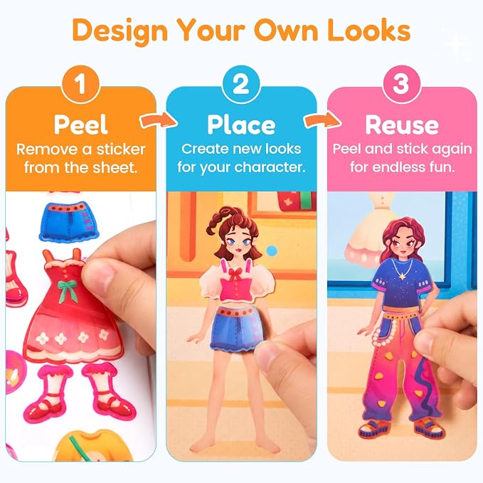 JoyCat Reusable Dress Up Sticker Books, 3-Pack, City Seaside Dreams | 180+ washable stickers, kids car activities, toddler activity, preschool road trip toy, birthday gift for girls ages 3-5