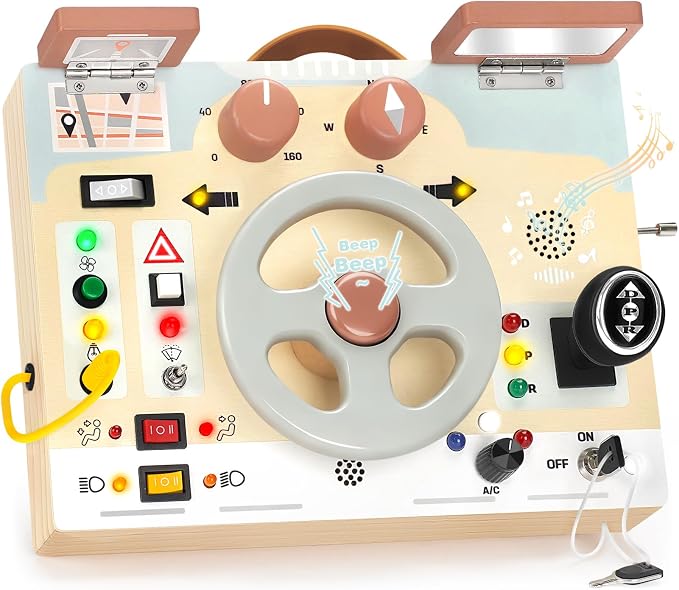 Joyreal Montessori Toddler Busy Board - Montessori Toys for 1 2 3 Years Old | Wooden Sensory Board with LED Lights, Steering Wheel, Music Player, Travel Toys for 1+ Year Old Boy & Girl Birthday Gift