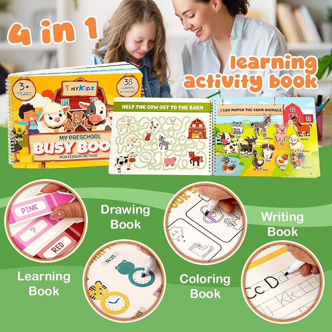 Montessori Busy Book for Toddlers 3-5, 38 Engaging Learning Activities for Preschoolers, Educational Quiet Book for Kids Ages 3-8, Preschool Homeschool Learning Toy