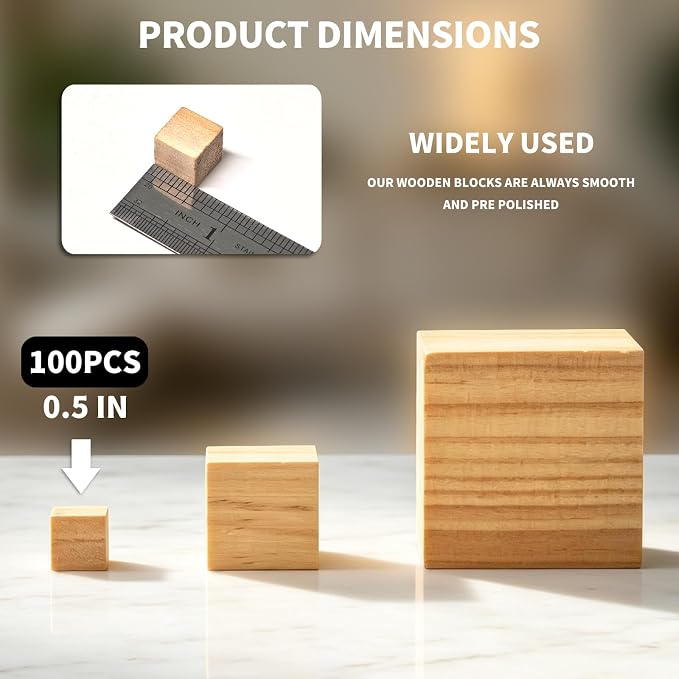 100Pcs Unfinished Wood Cubes,1/2Inch Wooden Blocks for Crafts | Blank Solid Wood Square Blocks for Painting, Craft Making, DIY,Building Model and Home Decor(100, 1/2 inch)