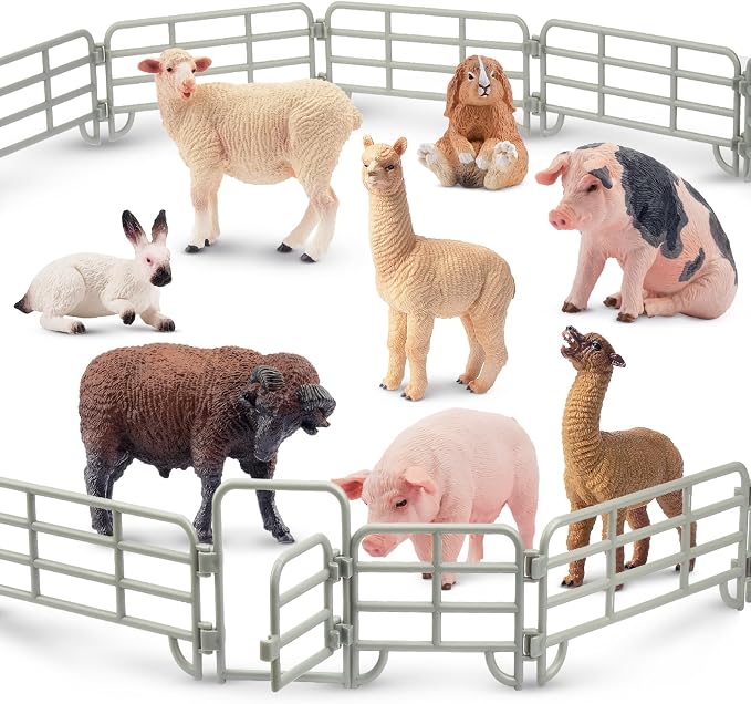 Toymany Realistic 17PCS Farm Animal Figurines Set with Fence, Includes Pigs, Sheeps, Alpaca and Rabbits Figures, Educational Toy Easter Bunny Figures Cake Toppers Birthday Gift for Kids Toddlers