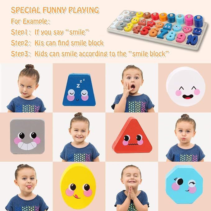 QZMTOY Wooden Montessori Toys for Kids, Toddler Number Puzzles Sorter Counting Shape Stacker Stacking Game Preschool Toys for Boy Girl Learning Education Math Blocks Chunky Puzzles Gift for Toddlers