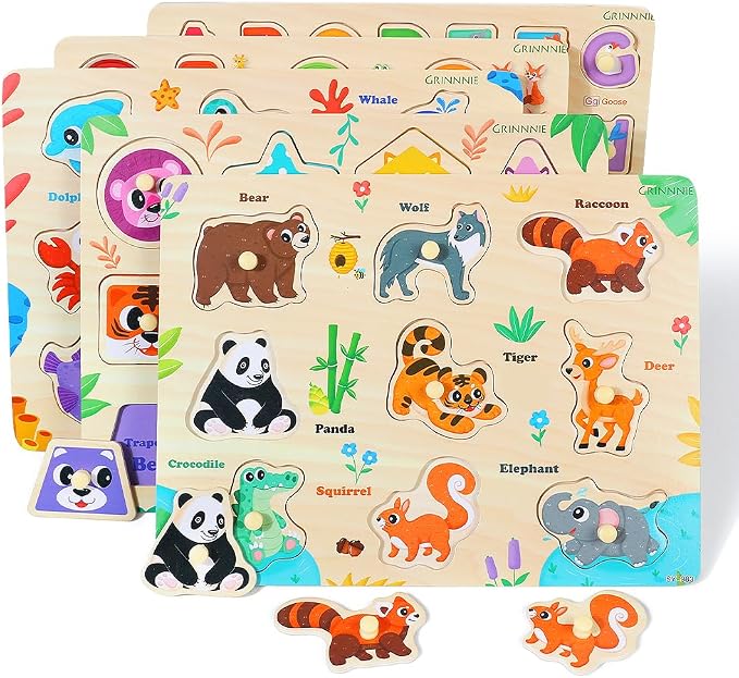 GRINNNIE Wooden Puzzles for Toddlers 3 4 5 Years Old, Montessori Toddler Toys 5PCS Peg Puzzles with Knob - Number, Alphabet, Shape, and Animal, Great Christmas Birthday Gifts for Boys Girls