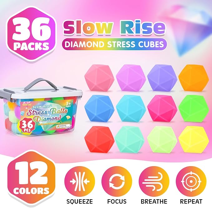 VISCOO 36 Pack Diamond Slow Rising Stress Balls, Stress Cube, Cube Squishy | Squishy Fidget Toys for Anxiety Relief, Dough Squeeze Toys for Classroom Prize, Party Favors for Kids Adults