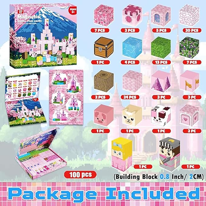 Pink Magnetic Building Blocks MagneticBuilding Tiles Toys for Boys Girls Age 3+, Creative PlasticMagnet Square Gift for Kids Pink Castle 100PCS