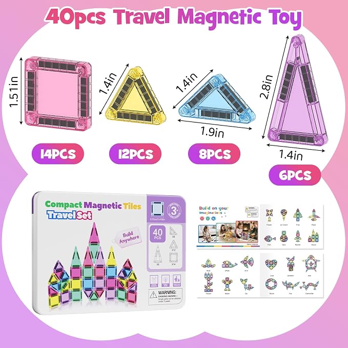 WMDXU Mini Magnetic Tiles Girls: Travel Building Set with Iron Box for 3+ | 42PCS On-the-Go Travel Toy, Strong Magnets Hold Tiles Upside Down without Falling, Iron Box Storage, for Girls 3-8