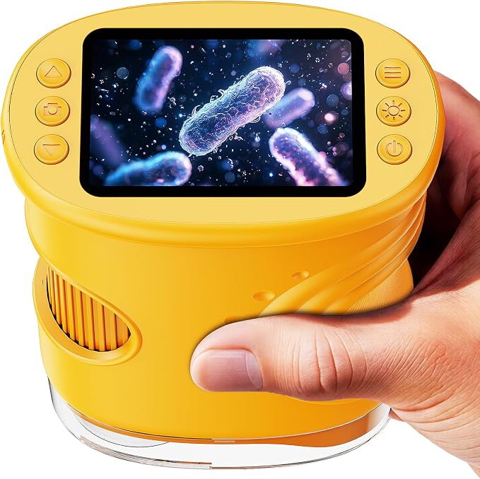 SEEKID Microscope for Kids 200-1000X, STEM Toy Science Kit for Kid(Yellow) | Handheld Digital Microscope, 2" IPS Screen, 4K HD Camera 200+ Photo Storage for Girls Boys Child Birthday Gifts