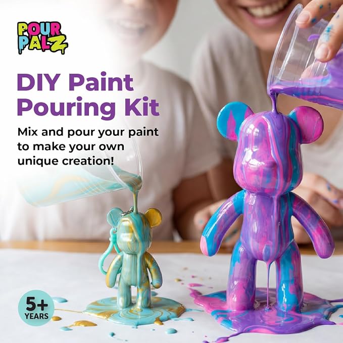 Paint Pour Bear Craft Kit, DIY Paint Pouring Art Set with Large Posable Bear (Berry Blast) & Mini Bear Keyring (Blue), Creative Arts & Crafts Activity for Kids & Adults, Gift Kit, 2 Pcs