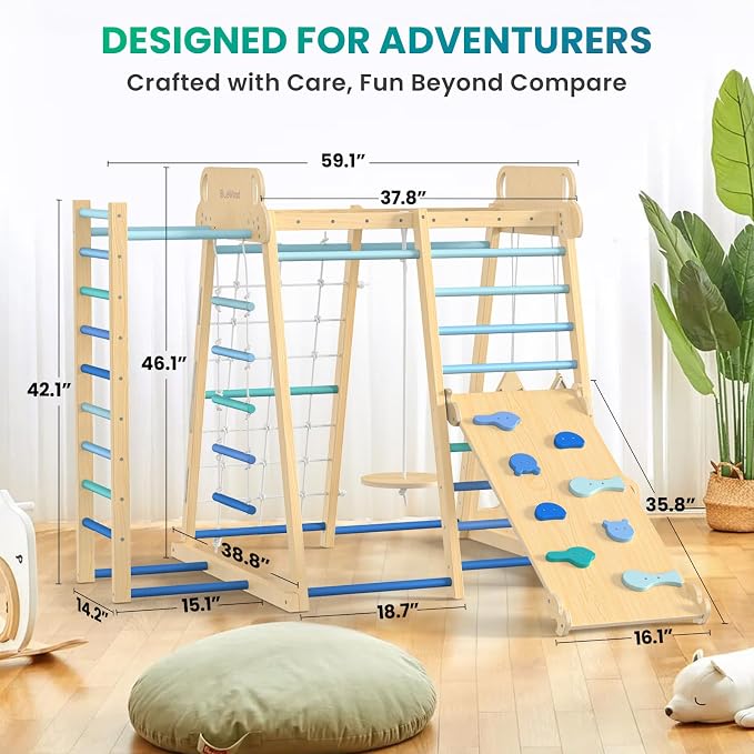 Upgraded Indoor Jungle Gym 9-in-1 Playground Kids Climbing Toys | Waldorf Style Wooden Climber Playset with Slide, Swing, Monkey Bars, Upright/Rope Ladder, Climb Net, Blue