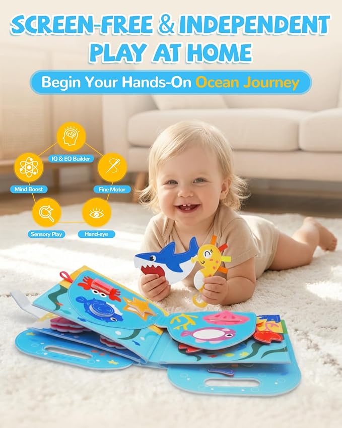 Busy Book for Toddlers 1-3, Busy Board for 1 Year Old, Quiet Books | Felt Activity Books for 1+ Year Old, Toddler Travel Toys, Boy Girl 1st Birthday Gift, Montessori Ocean Sensory Learning Board