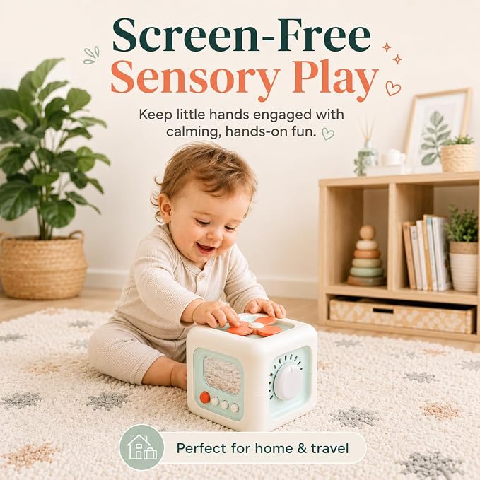 SmartMotion Cube for Toddlers 1-3 Years. Montessory Inspired - Sensory Fine Motor Skills Toy with Switches, Dials & Sliders - Quiet Travel Activity Toy - Birthday Gift for Boys & Girls.