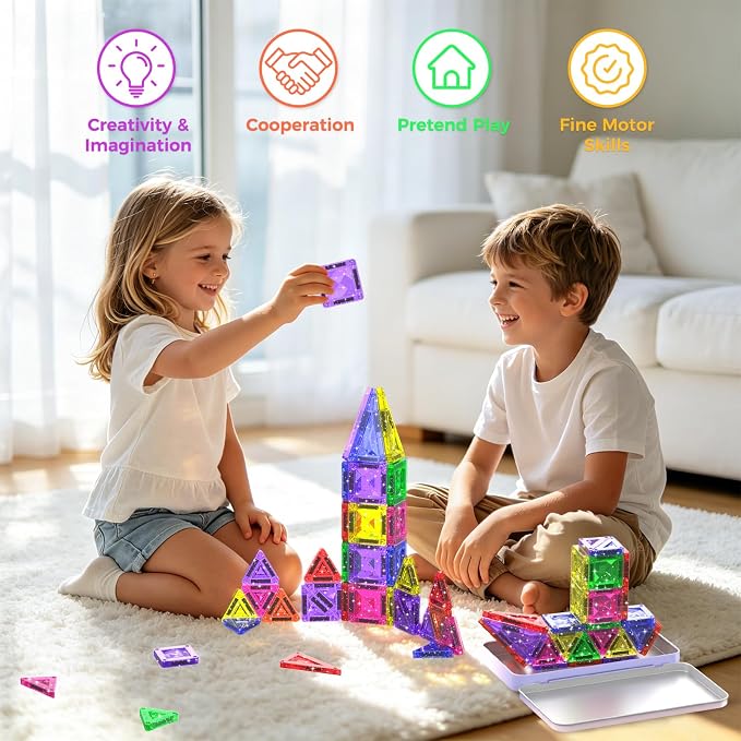 38PCS Mini Magnetic Tiles Glitter Diamond Pattern Magnetic Tiles Travel Set | Magnetic Blocks Building Toys with Case for Kids Ages 4-8, Portable Creativity Boosting Sensory Toys for Boys Girls Gift
