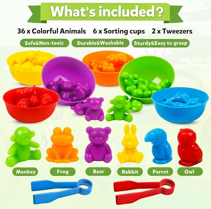 Counting Animal Matching Games Color Sorting Toys with Bowls Preschool Learning Activities for Math Educational Sensory Training Montessori Toy Easter Gifts for Toddlers Kids Boys Girls Ages 3 4 5 6