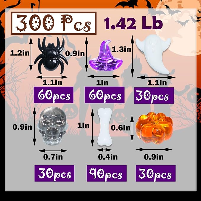 HADDIY Halloween Mini Gems 300pcs Pumpkin Ghost Sensory Bin Vase Fillers | Acrylic Skull spider for Halloween Centerpieces Table Decorations,Table Scatters,craft and jar fillers