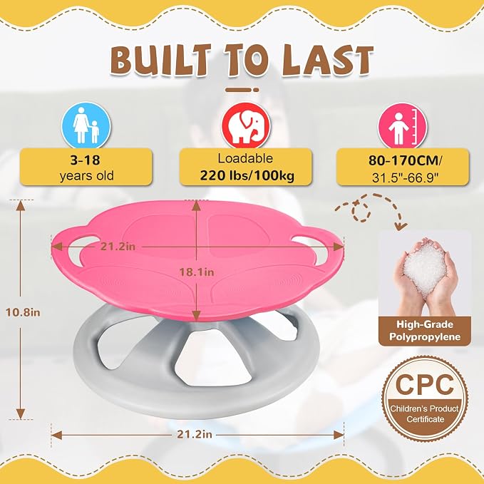 Zhenx Spinning Chair for Autistic Kids with Handles - Autism Sensory Toy | 220LBS Capacity Sensory Swivel Seat for ADHD Kids, Autism Sensory Products, Calming Gift Improve Focus & Body Balanc (Pink)