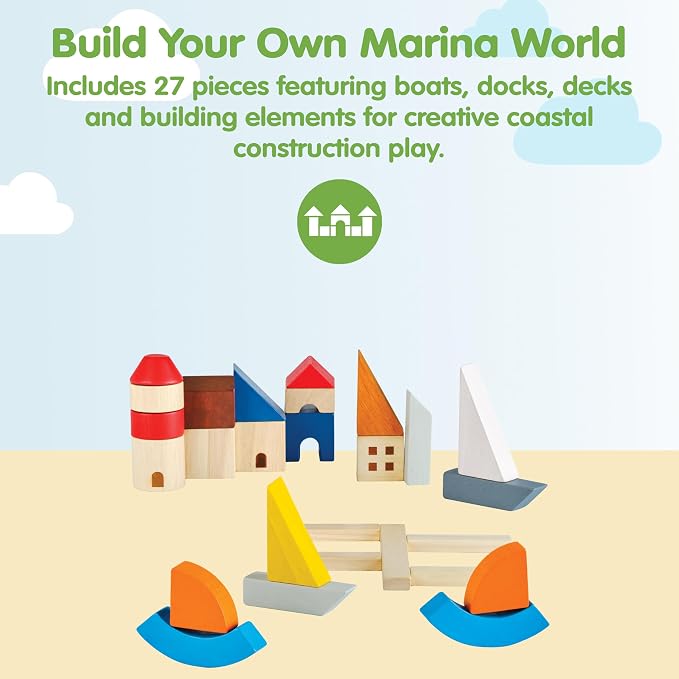 PlanToys® Marina Blocks Wooden Montessori Building & Creative Kids Play Set | shapes, boats, construction toys, sorting & stacking toys, girls, boys, spatial STEM fine motor imaginative gift preschool