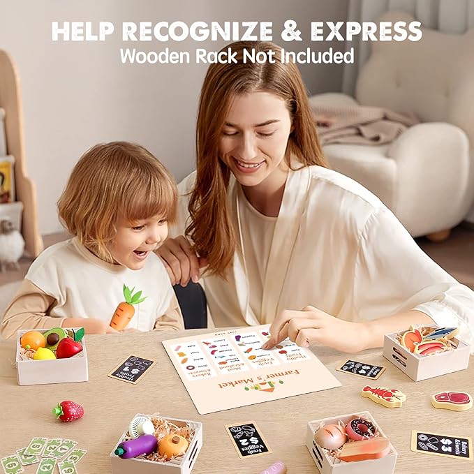 Tiny Land 43 Pieces Wooden Play Food Sets for Kids Kitchen | 100% Wood Kids Toy Food for Toddlers 3+ Year Old, Pretend Food Play Kitchen Accessories Set for Boys and Girls