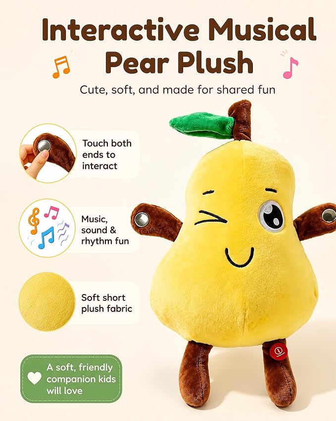 Touch Activated Musical Sensory Plush Toy, Ultra Soft Skin Trigger Sound | Interactive Stuffed Doll, Dual Mode, Early Educational Sensory Fruit Gift for Baby Kids Boys Girls All Ages (Yellow Pear)