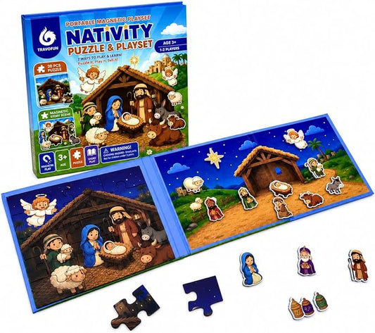 Travofun 20-Piece Magnetic Nativity Puzzle & Playset, Bible Story, Ages 3-6 | Build a 20-piece magnetic Nativity puzzle, then arrange the characters to retell the Christmas Bible story or create scenes.