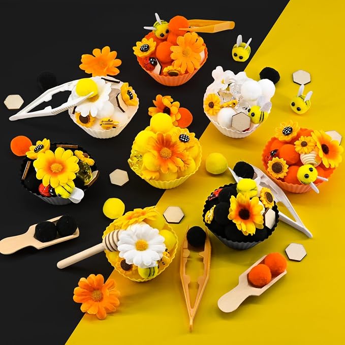 207 Pcs Sunflower Sensory Bin Items Summer Counting Sorting Sensory Bin Filler Fine Motor Sunflower Bee Counts for Summer Counting Sorting