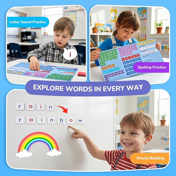JoyCat 265 Phonics Magnetic Letter Tiles, with 3 Word Building Folder | 265 magnetic letter tiles with word folders support phonics, spelling and reading practice for preschool classrooms