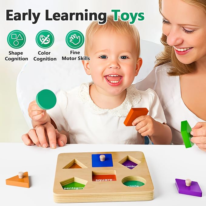 Wooden Shape Peg Puzzles for Toddlers 1 2 Year Old Boys Girls Gifts: Montessori Toys for 1 2 Year Old Toddler Learning Activities - Shape Sorter & Color Match Baby Puzzles 12-18-24 Months