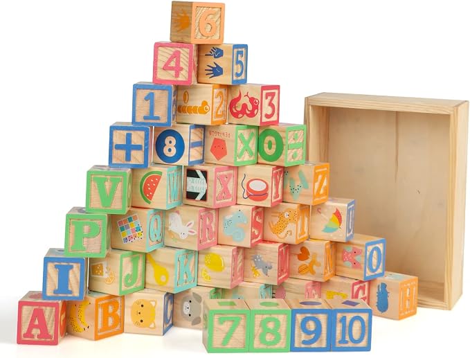 ABC Wooden Building Blocks for Toddlers 3 Large, 40 PCS Alphabet & Number Stacking Blocks with Storage Tray, Montessori Educational Learning Toys for Boys Girls Kids Gifts 1.65"