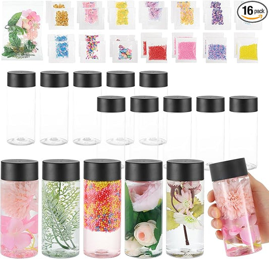 YEXEXINM 16 Pcs Empty Sensory Bottles Kits, 300 ml Leakproof Clear Plastic Sensory Bottles with Lids with Sequins Accessories, Reusable Water Bottles for Sensory Crafts Handmade Party Supply