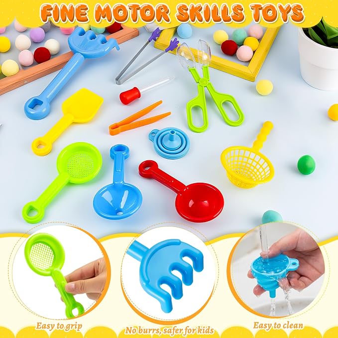 11 Pieces Sensory Bin Filler, Fine Motor Skills Handy Toys Set with 5 Scoops, Tweezers, Mini Silicone Tong, Scissors Clip, Dropper, Beach Shovels, Funnel, Sensory Bin Accessories Tools