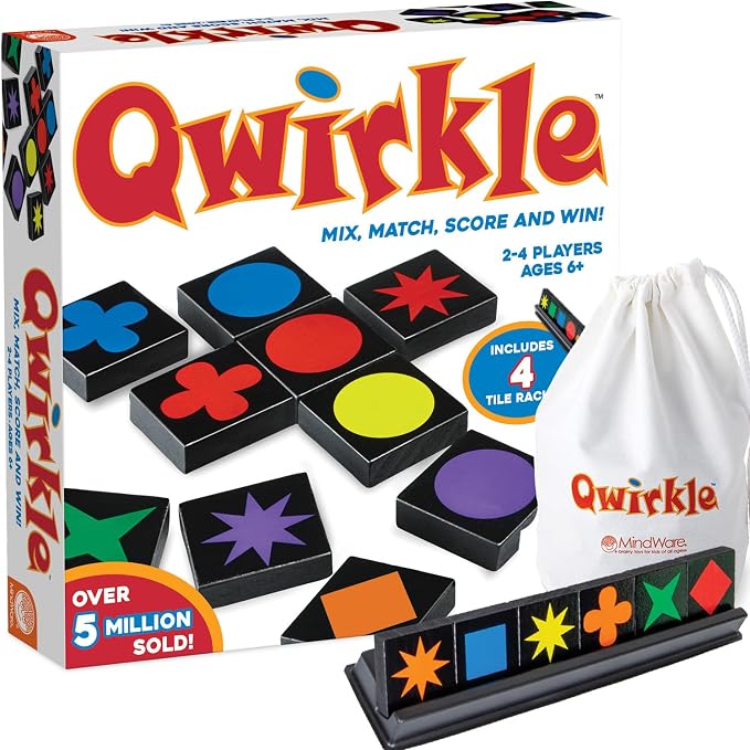 MindWare Qwirkle with Trays Strategy Board Game, 108 Wooden Tiles | Match colors and shapes to score in this family strategy game for 2-4 players. Includes 4 storage trays, ages 6+