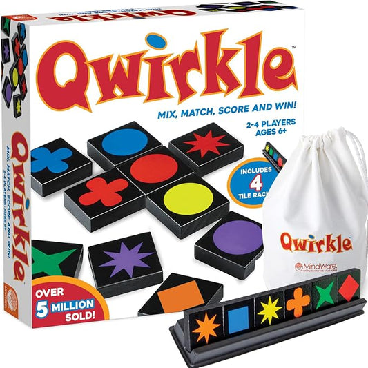 MindWare Qwirkle with Trays Strategy Board Game, 108 Wooden Tiles | Match colors and shapes to score in this family strategy game for 2-4 players. Includes 4 storage trays, ages 6+