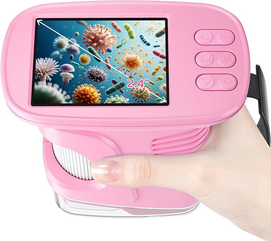 1000X Kids Handheld Microscope, 4K Digital Mini Pocket Digital Microscope with 2.4" IPS Screen, Built-in Camera & 12 Prepared Slides, STEM Educational Toy, Birthday Gift for Boys & Girls Ages 3–12