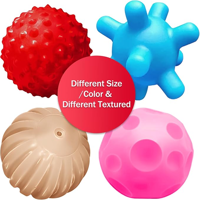 Baby Sensory Balls, 4 Pack Textured Toys for Babies 3 Months+ | Bright Colors, Raised Bumps, Easy to Squeeze, Roll and Grab, Teething Play, Tummy Time & Fine Motor Play, Infant Gift