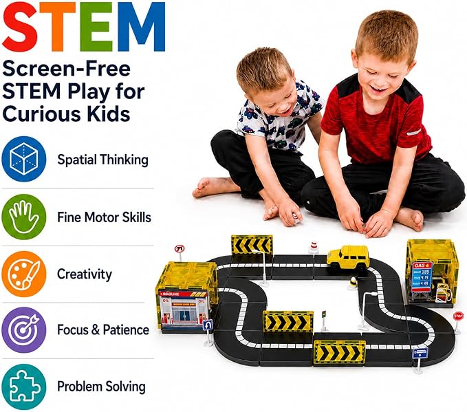 98-Piece Magnetic Tiles Building & Road Set for Kids, Includes Sensor-Guided Car that Follows Road Lines + Traffic Signs,STEM Montessori Building Toy for Boys & Girls Ages 4–12