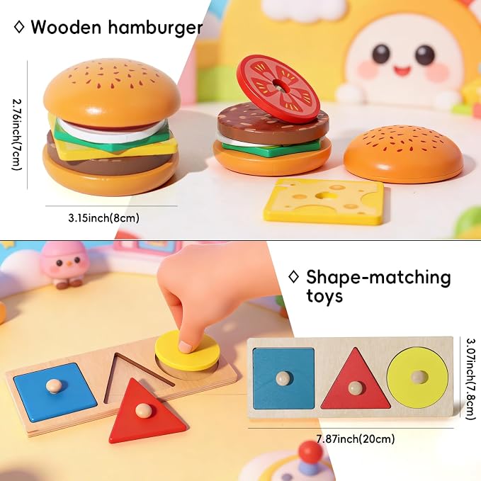 BESTAMTOY 5 in 1 Wooden Educational Learning Toy Set, Montessori Toys for 1 2 3 Year Old,Baby Rain Stick Sensory Fine Motor Skills Toys, Shape Sorter Stacking Puzzle Gifts for Toddlers Boys Girls