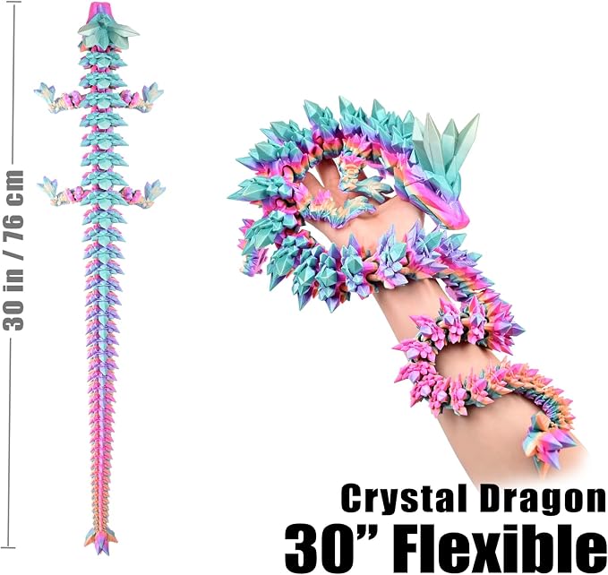 30 Inch Large 3D Printed Dragon 76cm Long Fidget Toy Gift Decor | Flexible Giant Articulated Dragon Toy, Home Desk Decoration, Birthdays Christmas Gift for Kids Boys Girls Adults, Rainbow