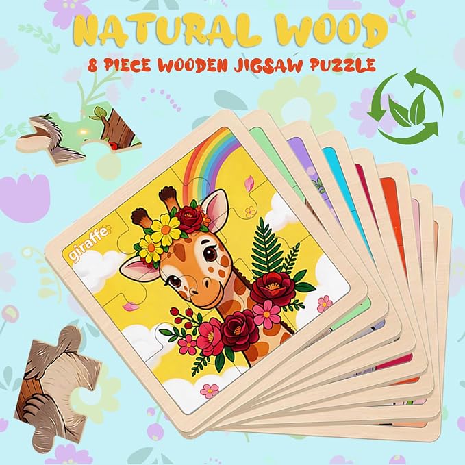 Wooden Jigsaw Puzzles for Kids Ages 3-5, 8-Pack 9-Piece Animal Puzzles Toy | Animal Wood Puzzles Set, Toddler Brain Teaser Toys, Gifts for Boys Girls Ages 3 4 5 6