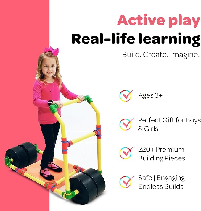 Tubelox Deluxe STEM Building Toy Set & Storage Bag | 220 Piece Life-Size Construction Kit for Kids | Portable PVC Pipe Blocks for Forts, Vehicles & Creative Play | Durable Indoor/Outdoor Toy | Ages 3+
