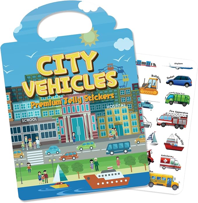 Reusable Sticker Book for Toddlers 3-6, Jelly Stickers for Kids, Sticker Activity Book Travel Toys for Car & Airplane, Educational Learning Gifts for Boys and Girls (Vehicles Cars theme)