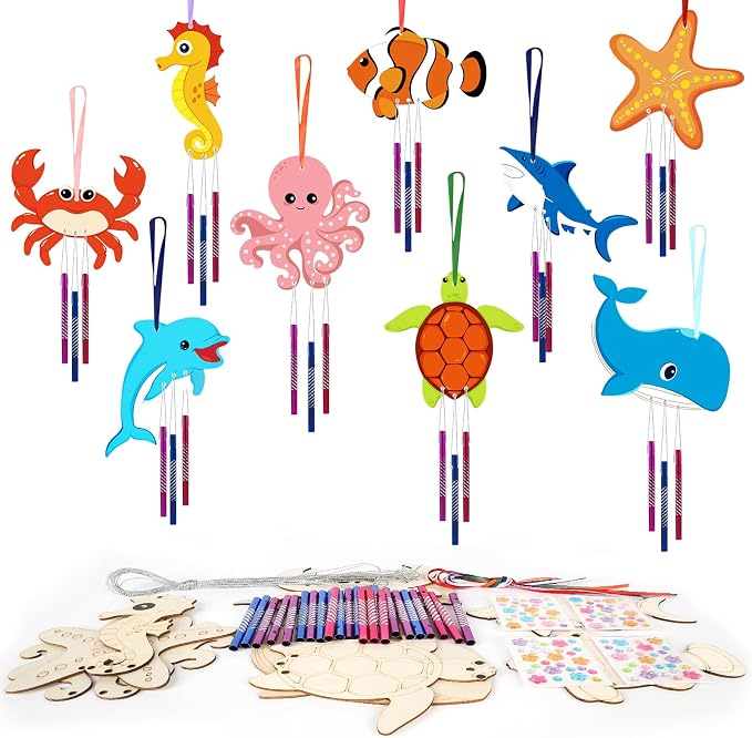 Wooden Ocean Animals Wind Chime Kit Make Your Own Sea Animal Crafts Coloring DIY Wind Chime kit for Summer Activities Birthday Favor School Home Art Party Decorations 9 Pack