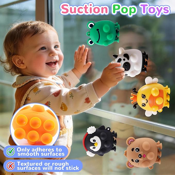 ChildFun 6 PCS Animal Suction Popper Sensory Toys, Travel Toys for Airplane & Car Activities, Silicone Pop Fidget Toys for Kids, Birthday Gifts for Girls & Boys