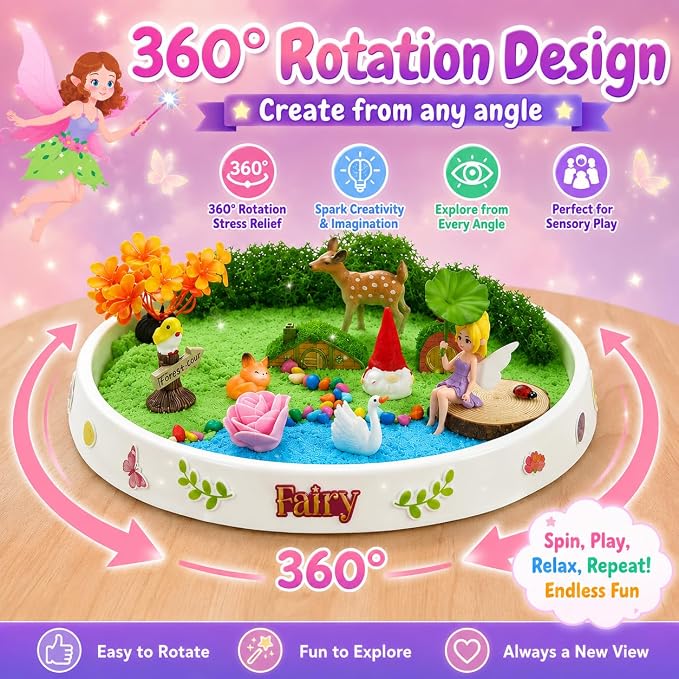 Carolart Spinning Fairy Garden Sensory Bin with Glow Sand Kit | Glow-in-the-Dark Sensory Sand, fairy toys, gifts for girls, rotating sand kit with sensory play for ages 3-8